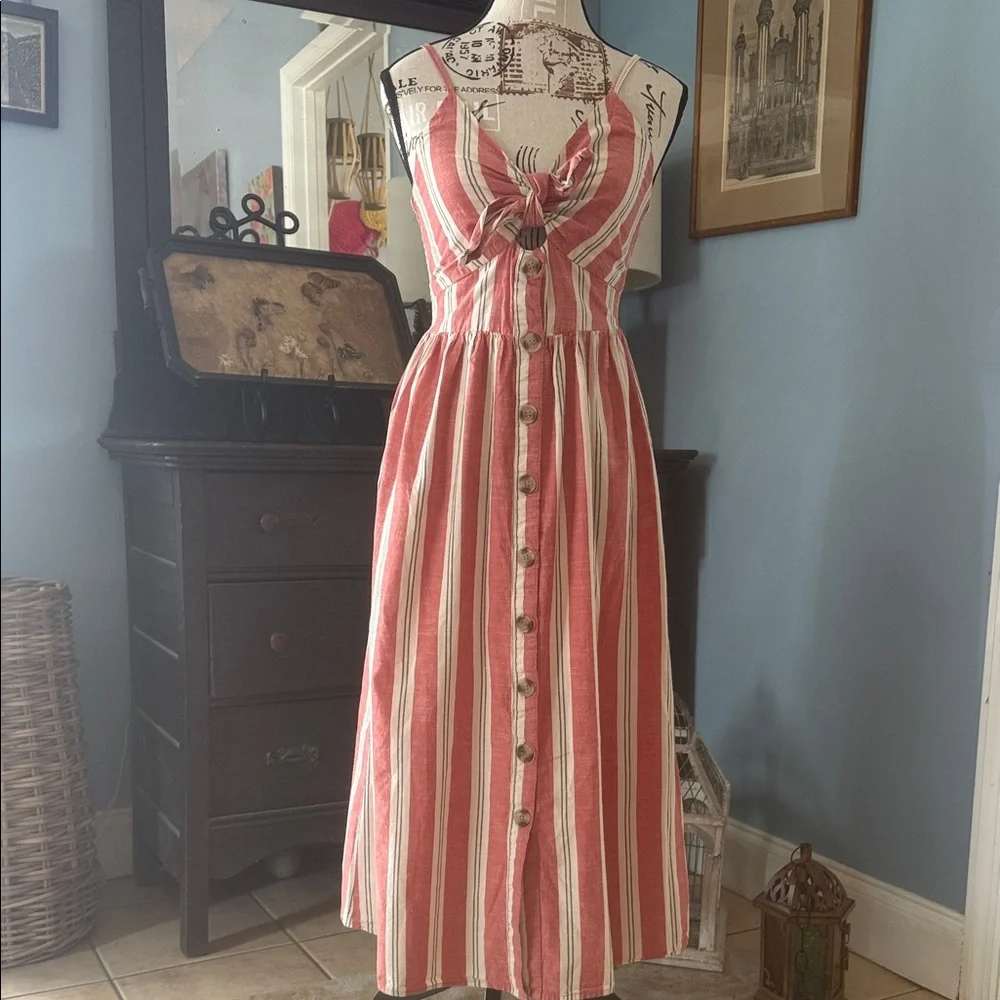 Japna Coral Red Creamy White Striped Tie-Front Button Up Spaghetti Strap Dress - Picture 2 of 12